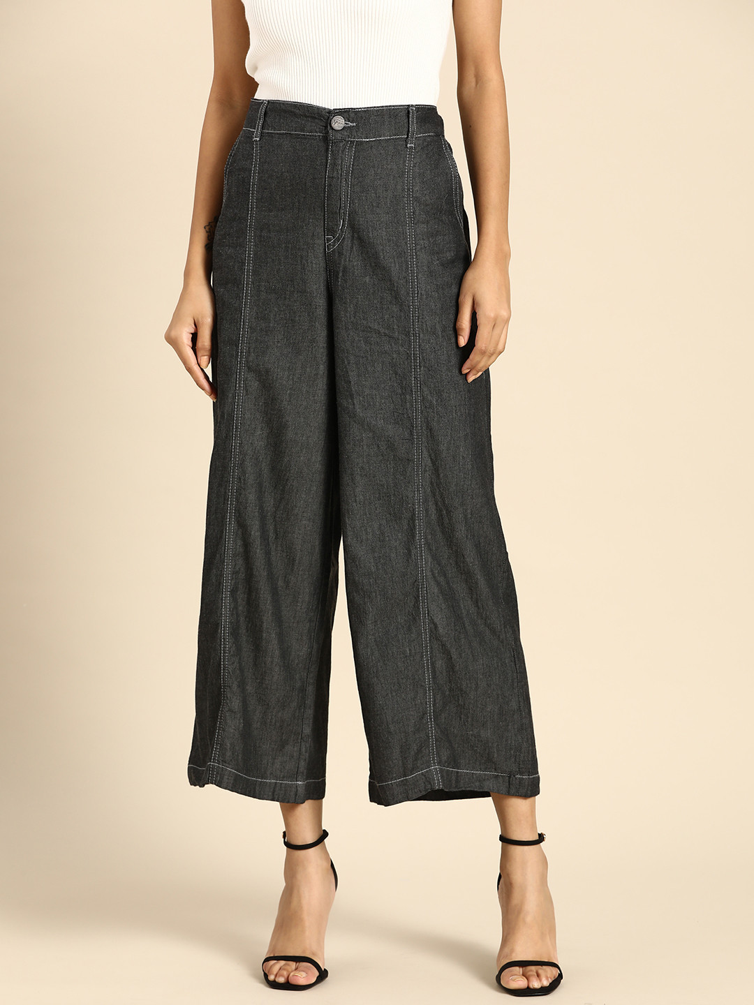 

all about you Women Charcoal Grey Cotton High-Rise Parallel Cropped Trousers
