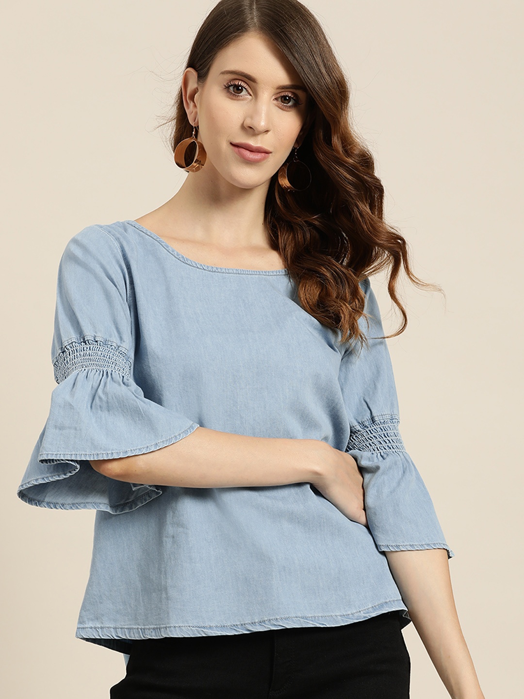 

all about you Blue Bell Sleeve Smocked Chambray Cotton Regular Top