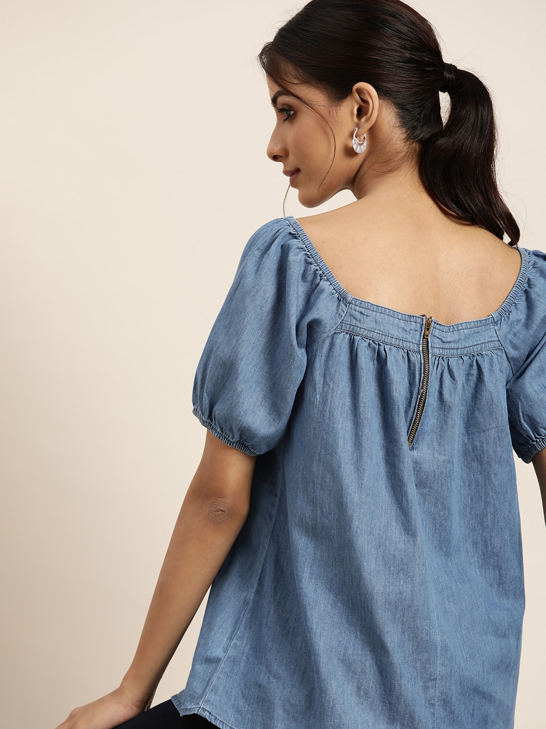

all about you Women Blue Solid Pure Cotton Chambray Regular Top