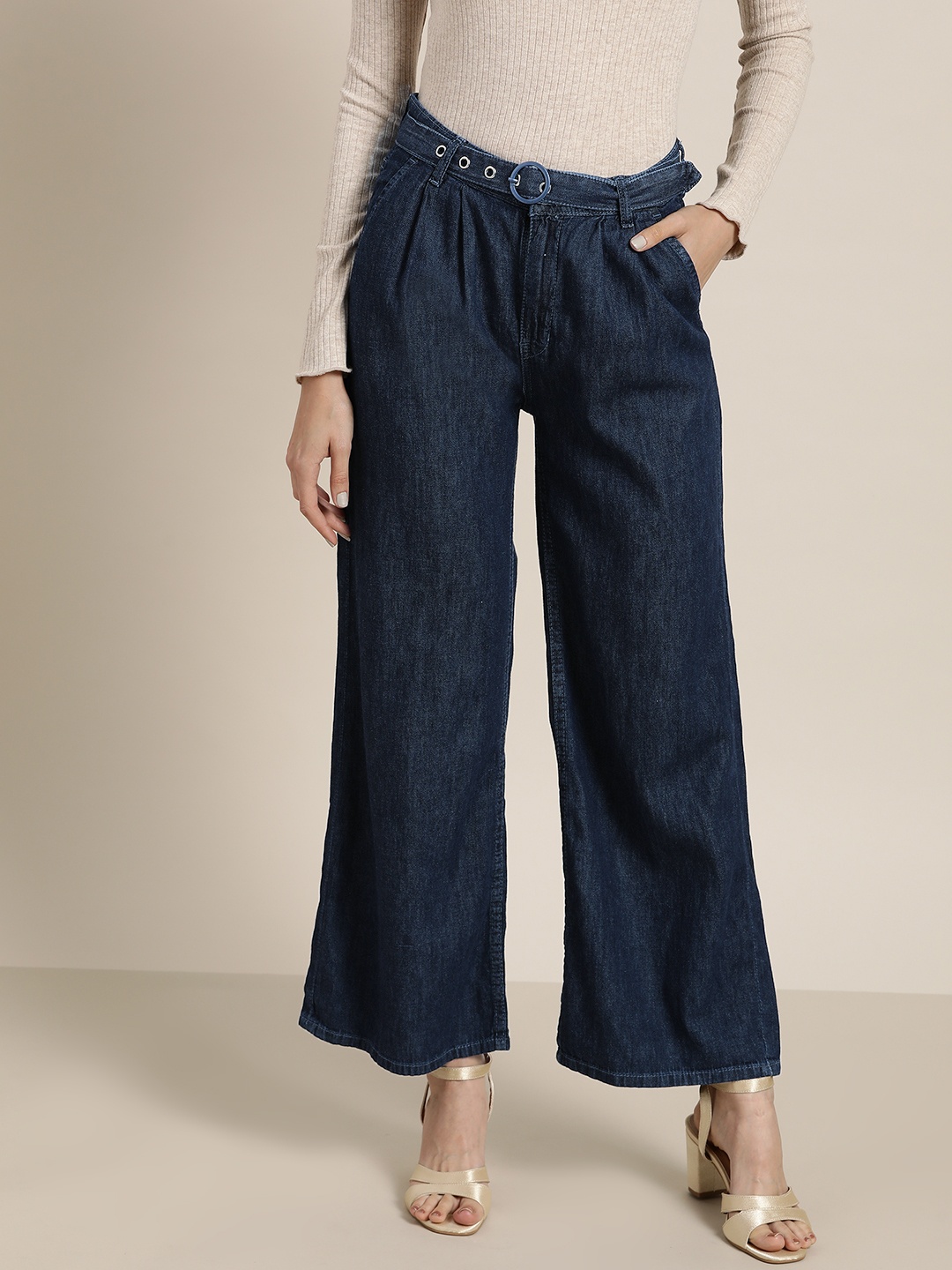 

all about you Women Navy Blue Pure Cotton Pleated Parallel Denim Trousers with Belt
