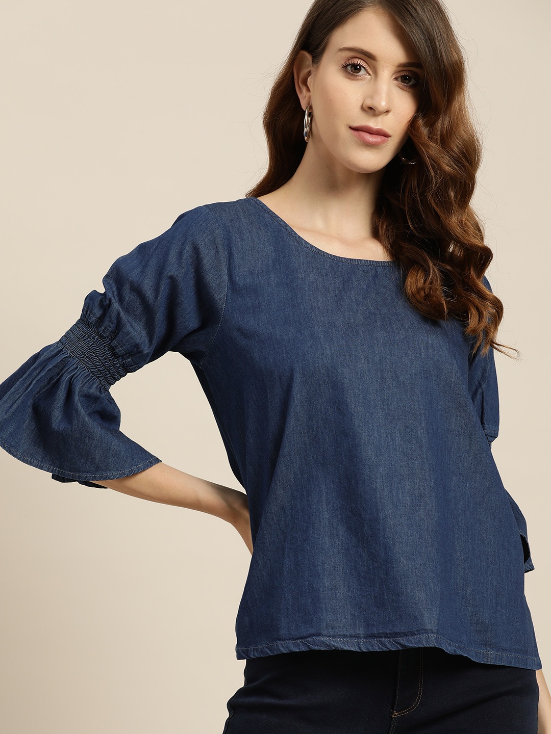 

all about you Navy Blue Bell Sleeve Smocked Chambray Cotton Regular Top