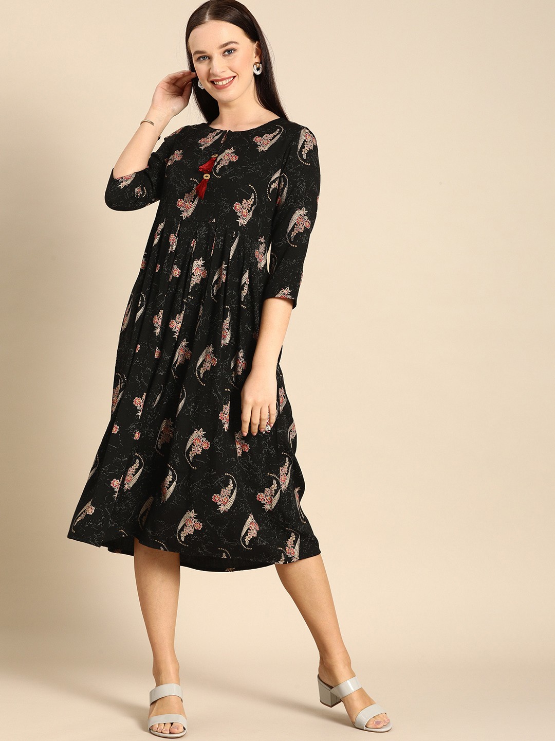 

Anouk Women Black Printed A-Line Dress