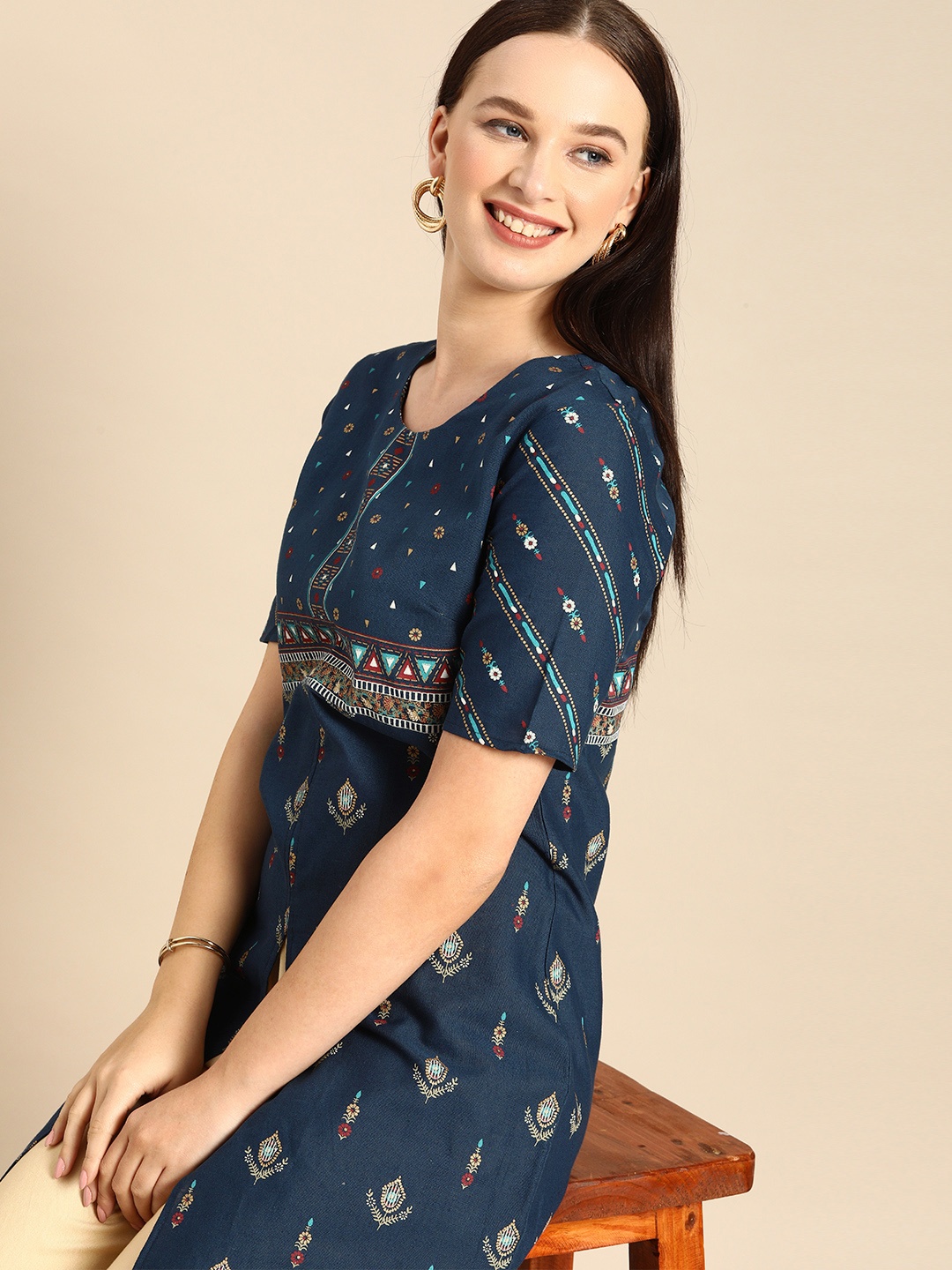 

Anouk Women Navy Blue & Gold-toned Ethnic Motifs Printed Kurta