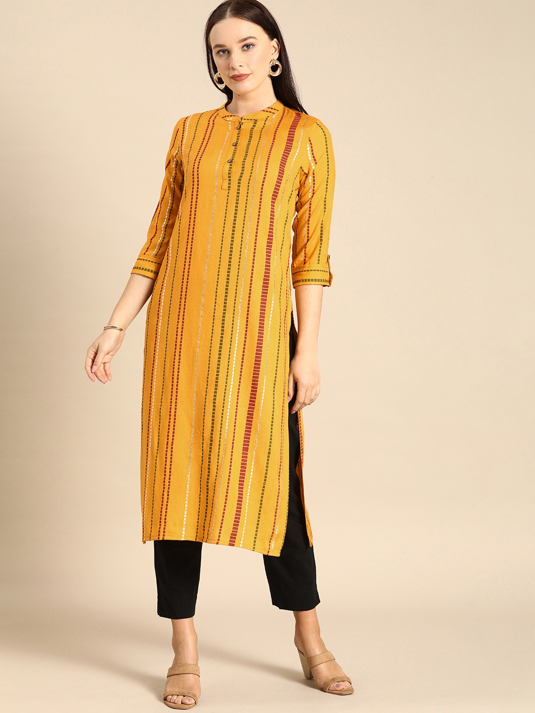 

Anouk Women Mustard Yellow & Red Striped Kurta