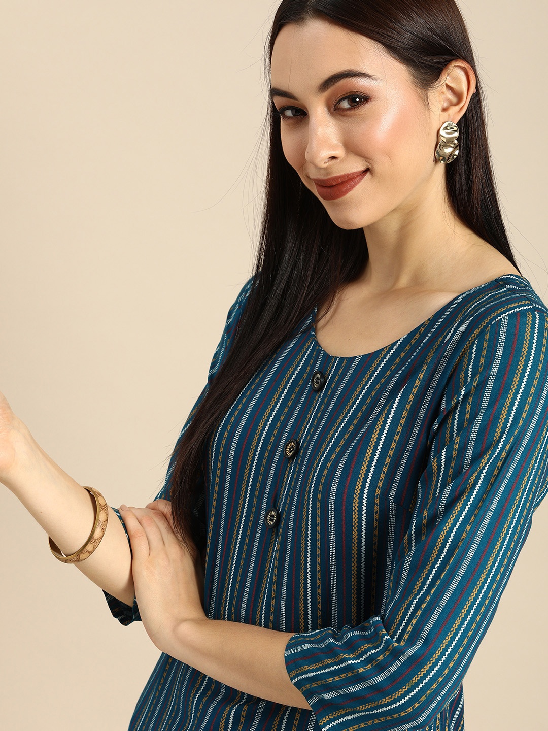 

Anouk Women Teal Blue & White Striped Straight Kurta