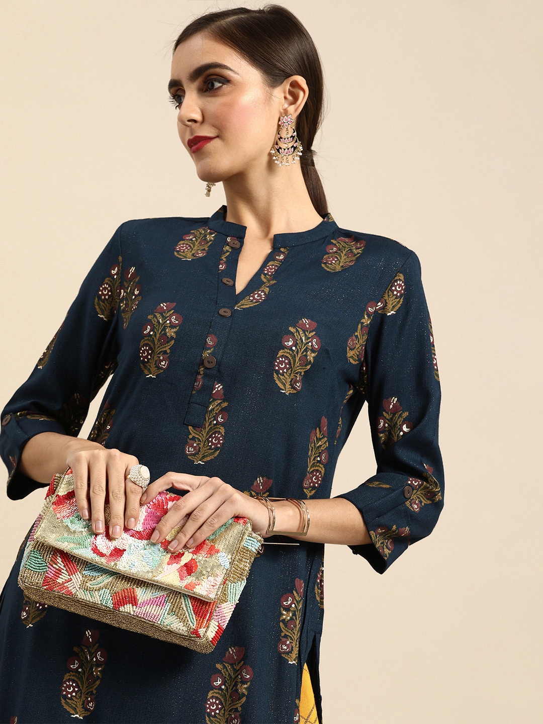 

Anouk Women Navy Blue & Mustard Yellow Printed Kurta with Palazzos