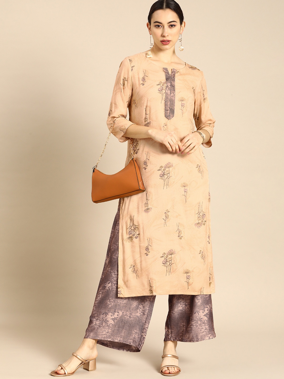 

Anouk Women Beige & Grey Floral Printed Kurta with Palazzos