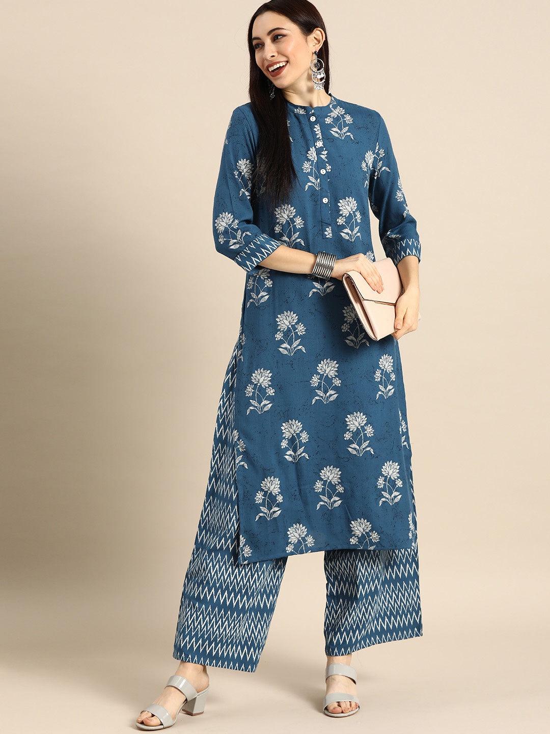 

Anouk Women Blue Printed Kurta with Palazzos