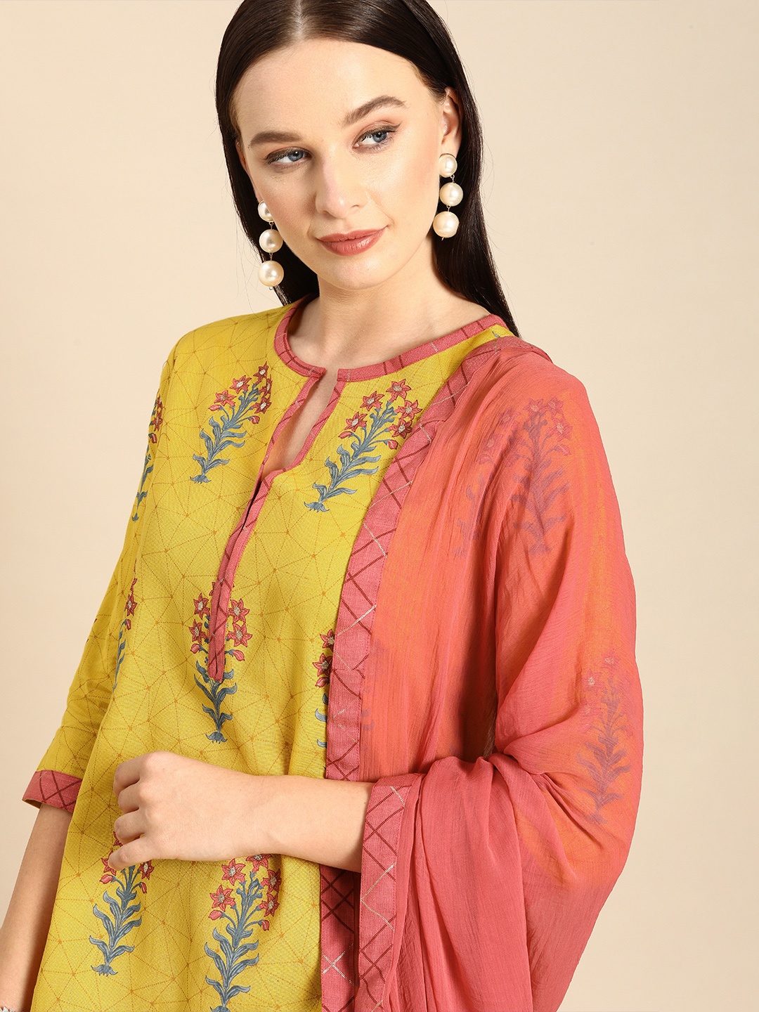 

Anouk Women Yellow & Rust Pink Floral Printed Kurta with Palazzos & Dupatta