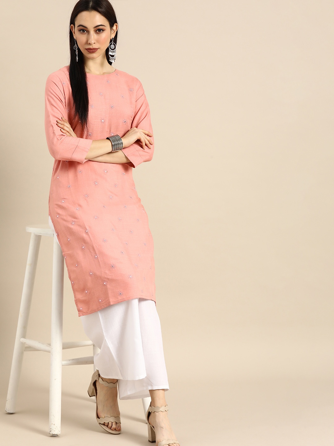 

Anouk Women Pink Solid Mirror Work Kurta with Palazzos