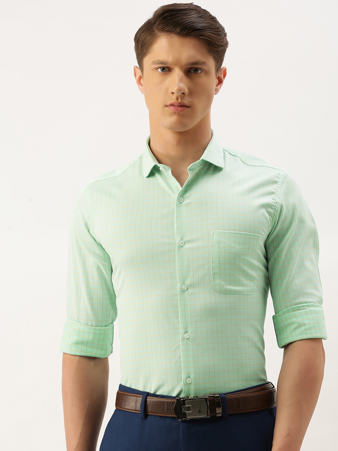 

Peter England Men Sea Green & Yellow Nuvo Slim Fit Checked Formal Shirt