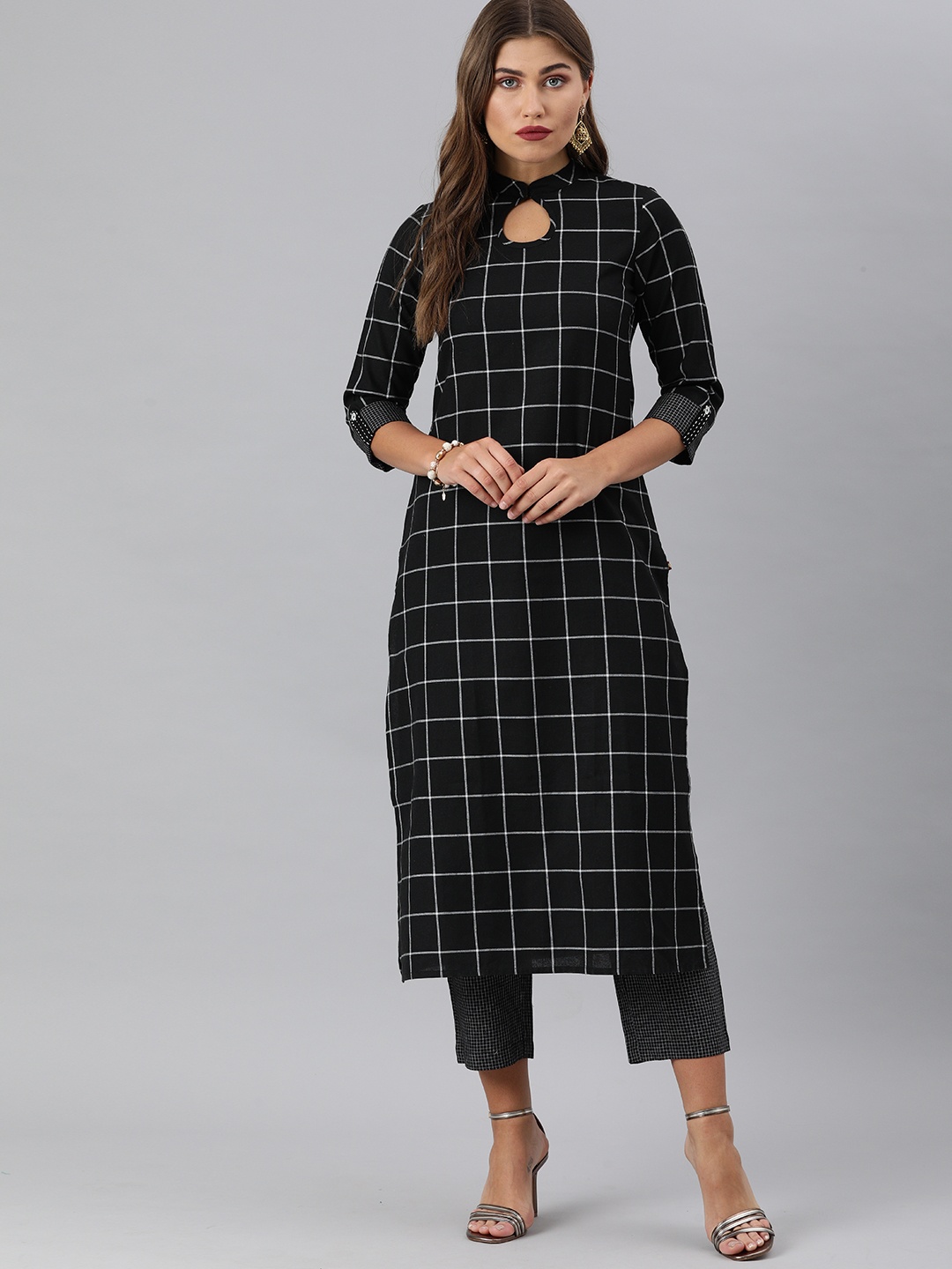 

KSUT Women Black & White Checked Kurta with Trousers
