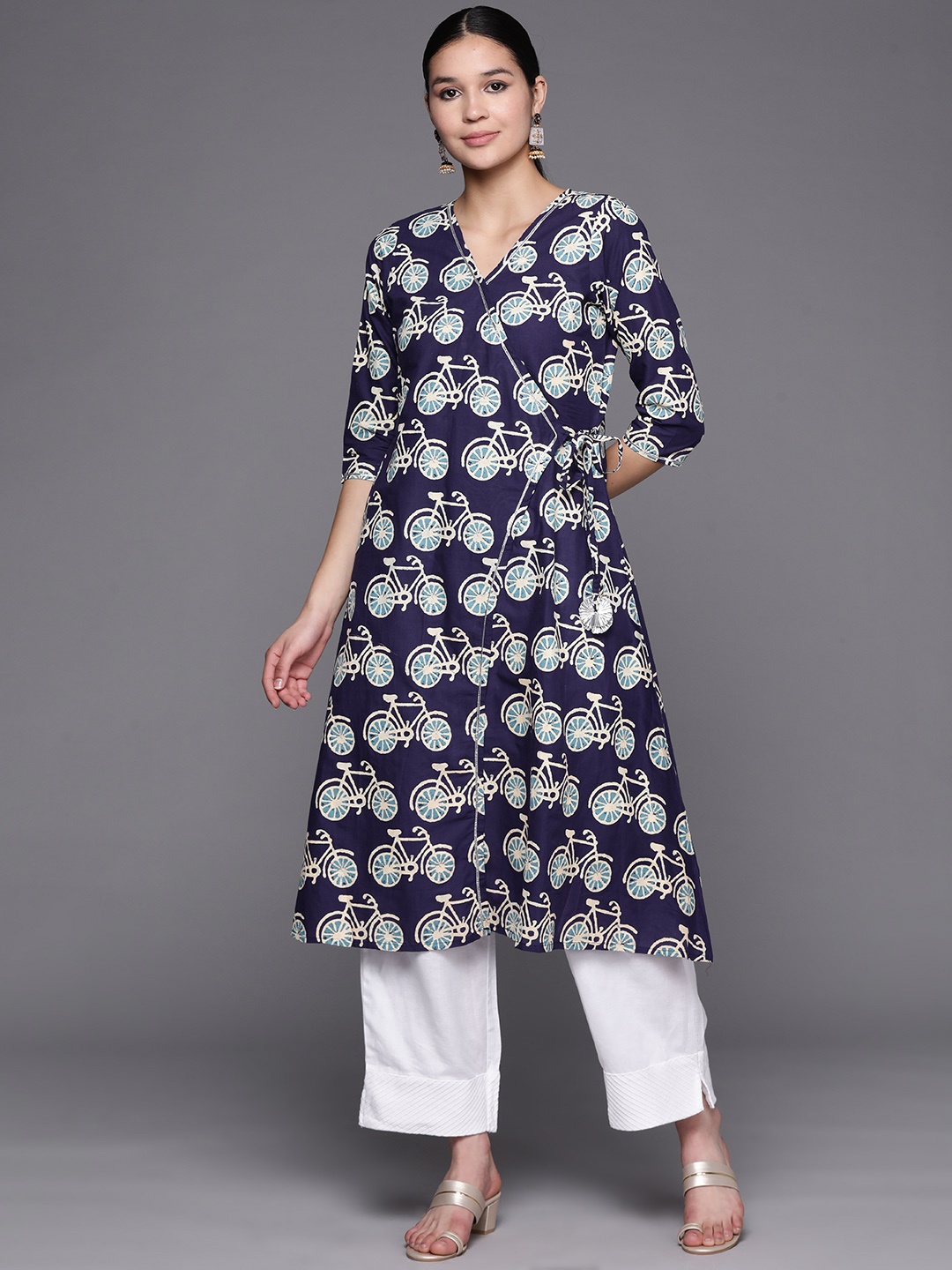 

Ahalyaa Women Navy Blue & Off White Pure Cotton Printed Angrakha Kurta