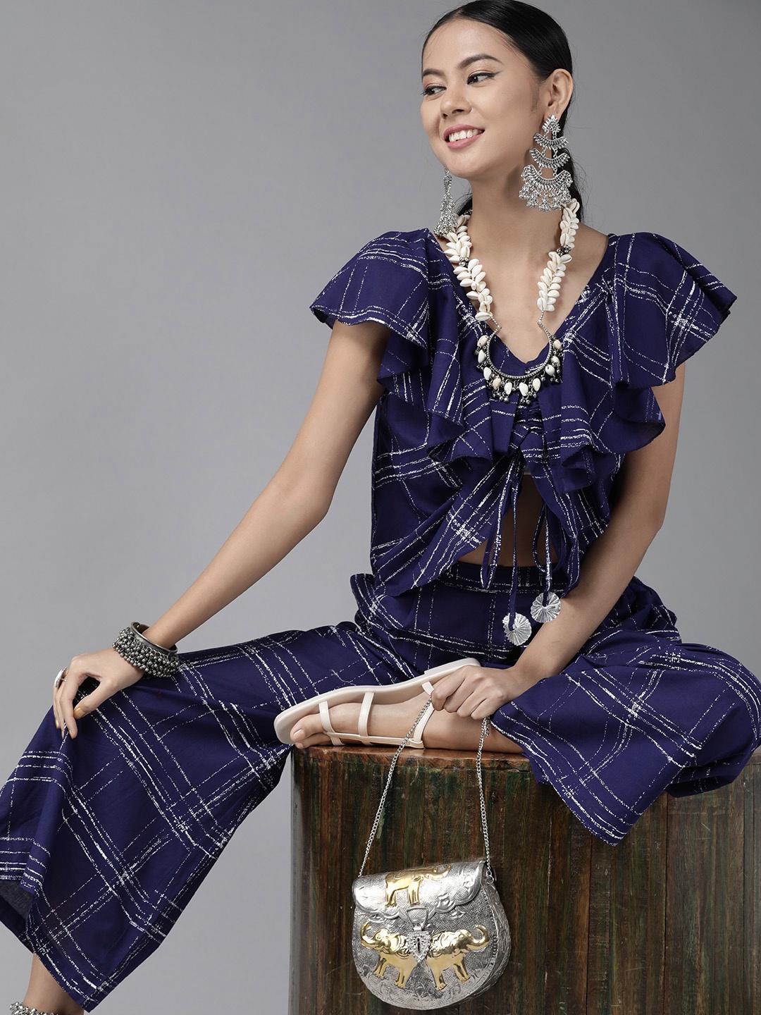 

Ahalyaa Women Navy Blue & Off-White Pure Cotton Checked Top with Palazzos
