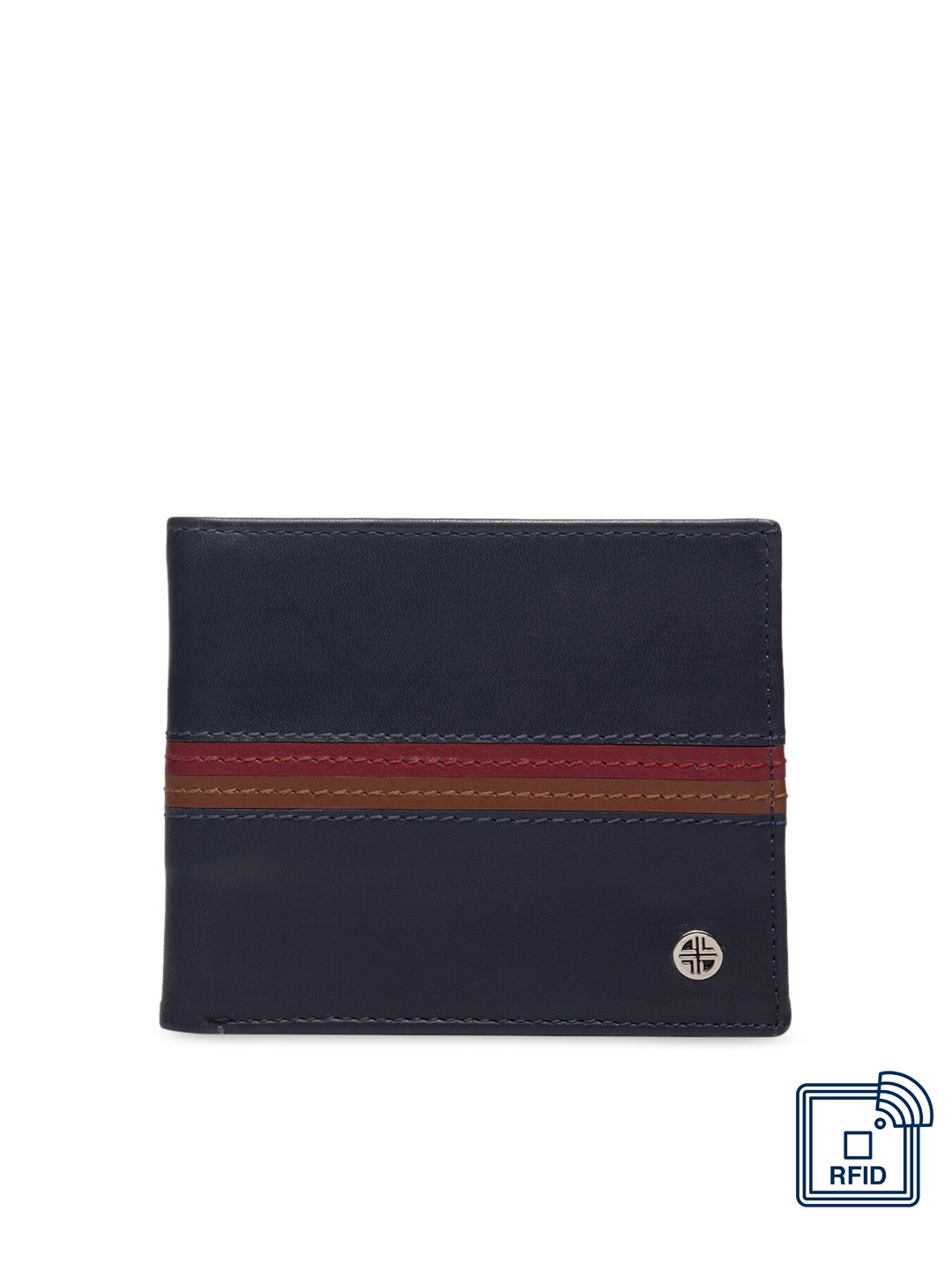 

Carlton London Men Navy Blue Striped RFID Leather Two Fold Wallet