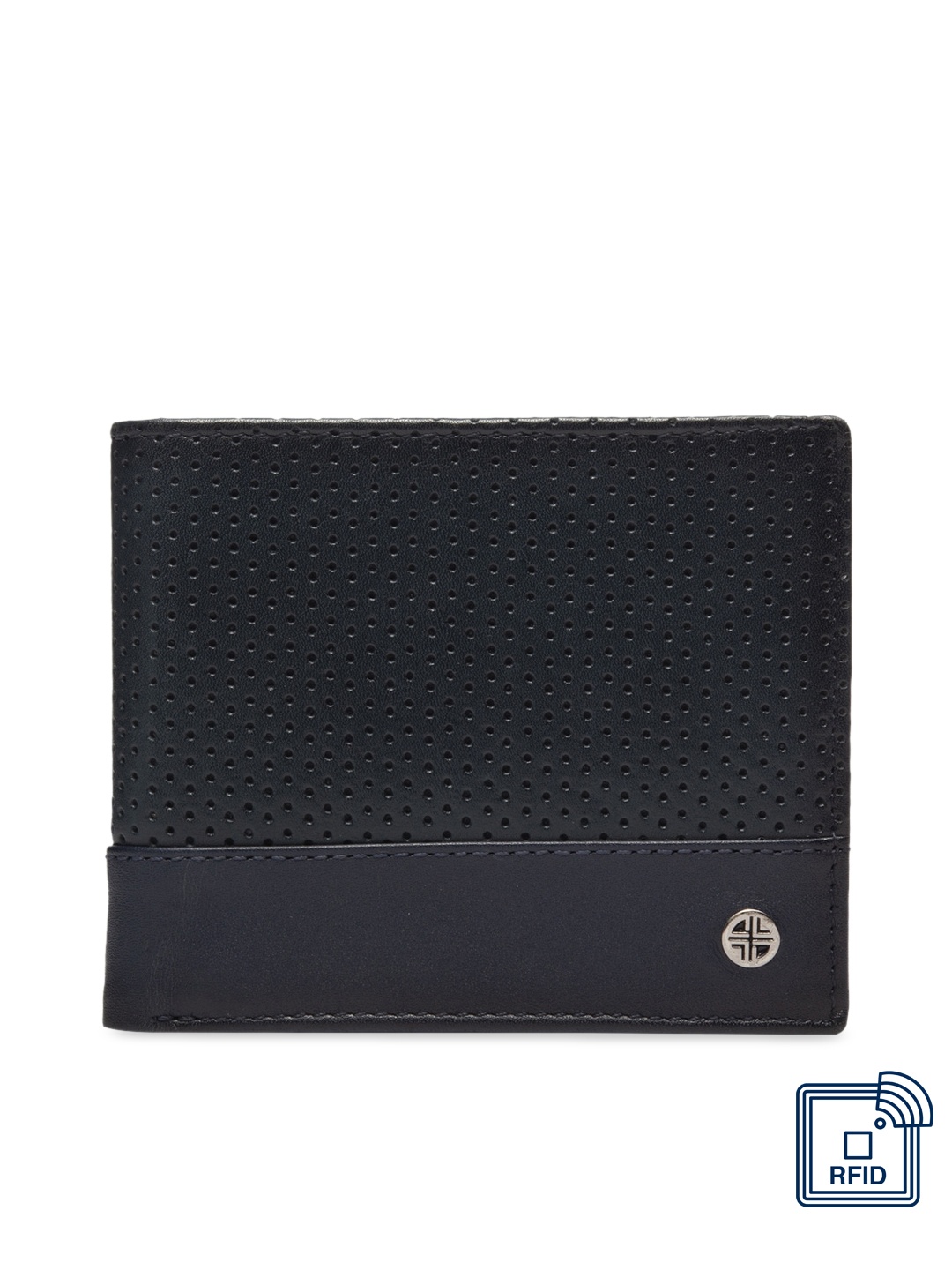 

Carlton London Men Navy Blue Leather RFID Leather Two Fold Wallet