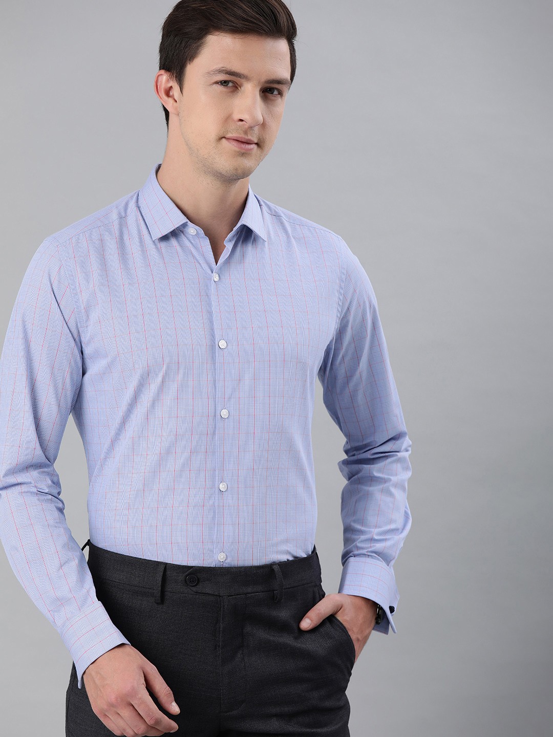 

THE BEAR HOUSE Men Blue & White Slim Fit Checked Giza Cotton Formal Shirt