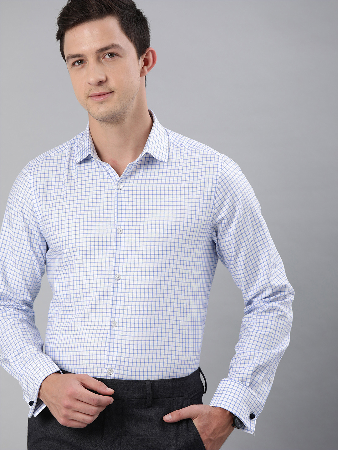 

THE BEAR HOUSE Men White & Blue Slim Fit Checked Giza Cotton Formal Shirt