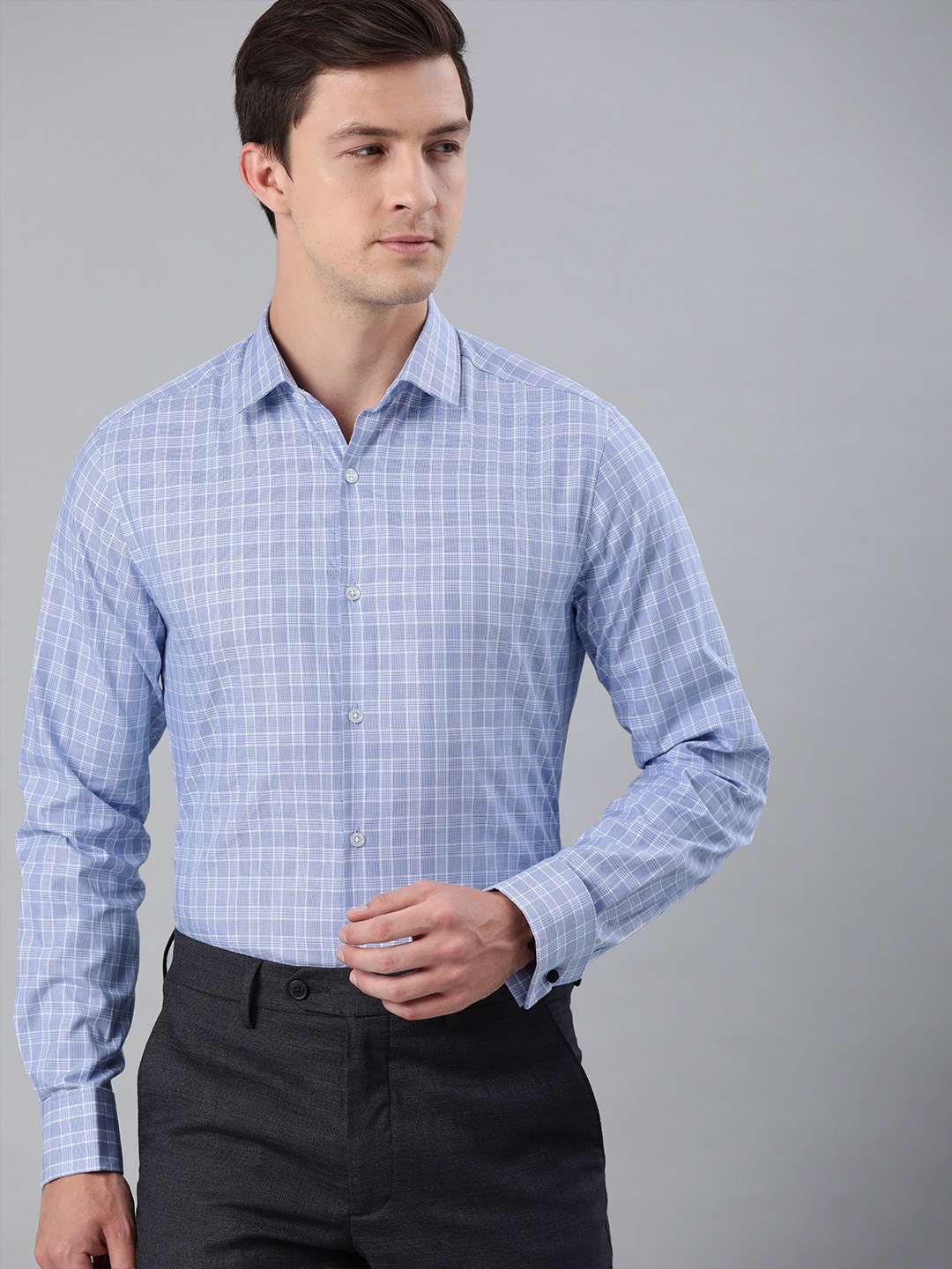 

THE BEAR HOUSE Men Blue & Off-White Slim Fit Checked Giza Cotton Formal Shirt