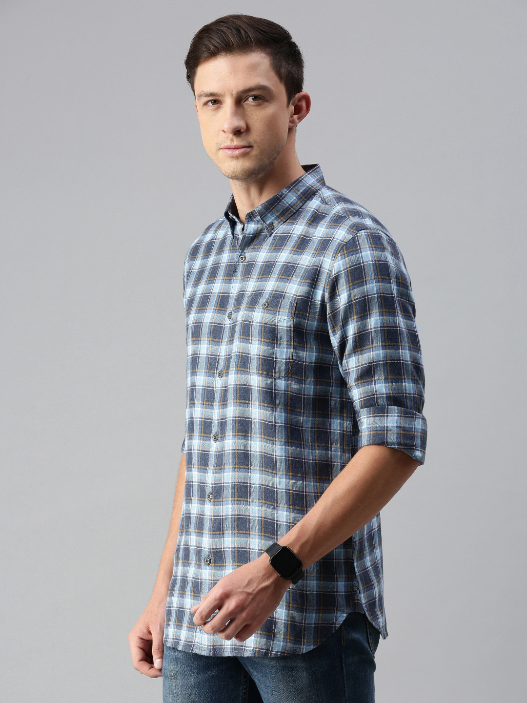 

THE BEAR HOUSE Men Blue Slim Fit Checked Casual Shirt