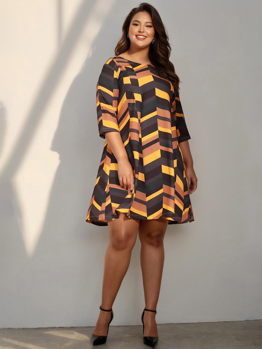 

Amydus Women Plus Size Yellow Printed A-Line Dress