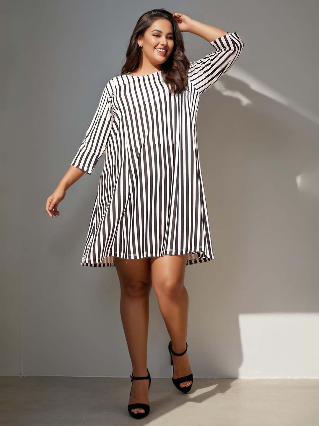 Amydus Women Plus Size White Striped A-Line Dress
