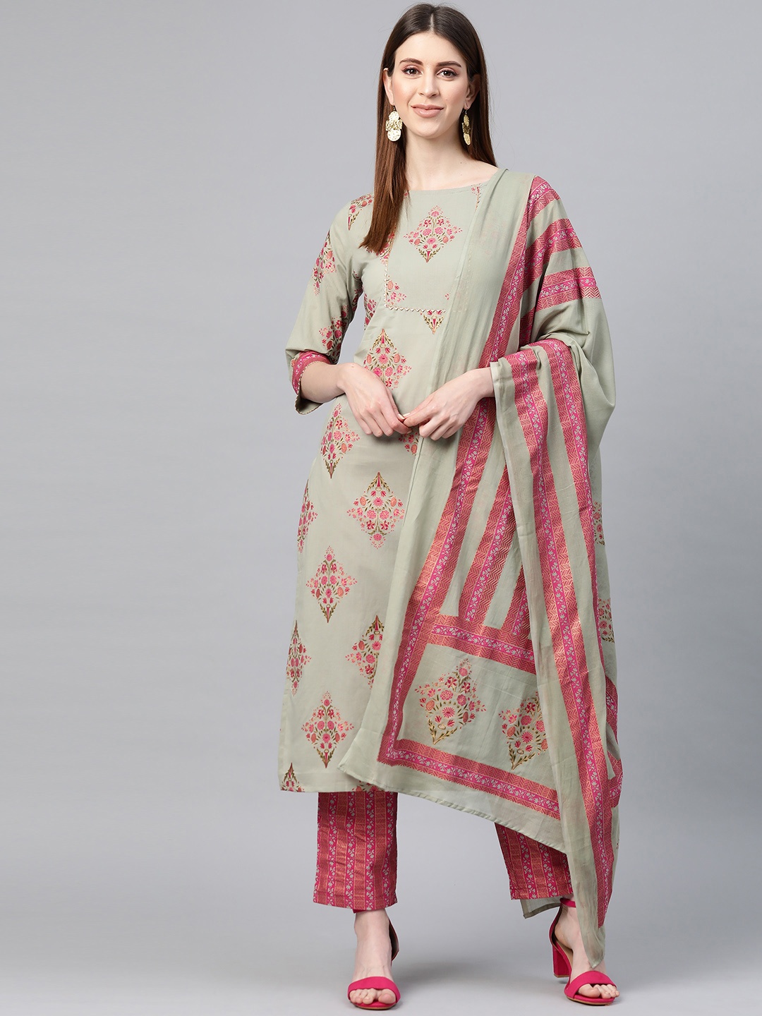 

Yuris Women Olive Green & Pink Pure Cotton Printed Kurta with Trousers & Dupatta