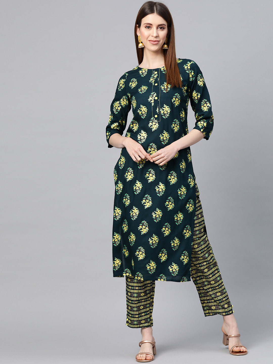 

Yuris Women Green & Yellow Printed Kurta with Trousers
