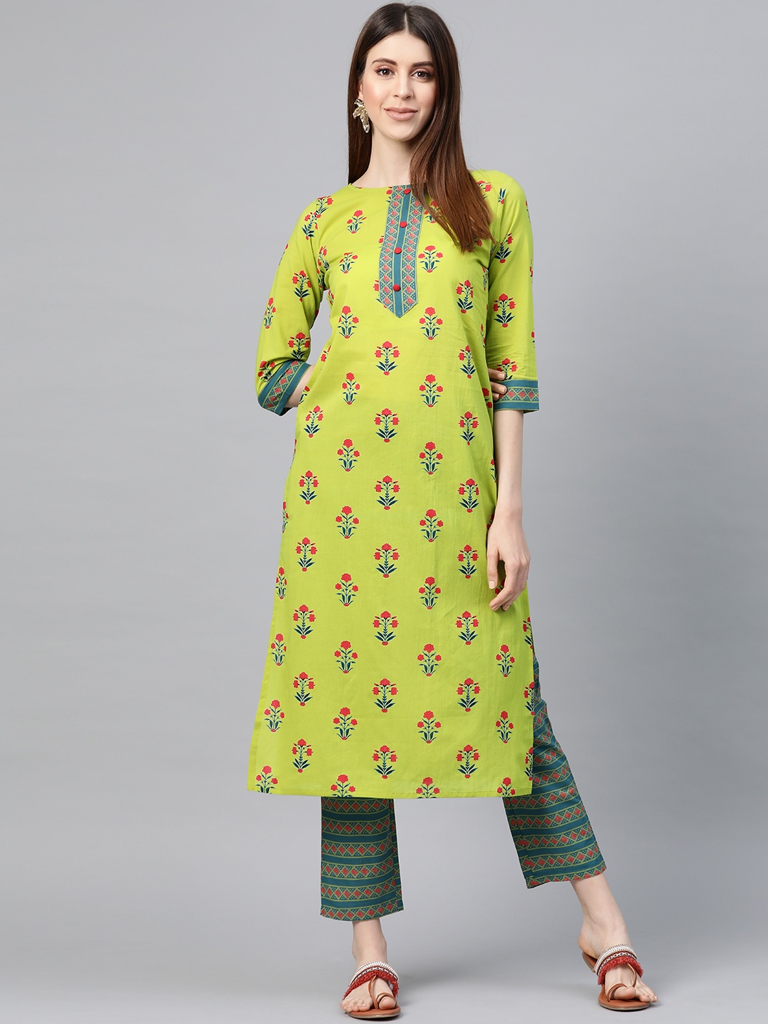 

Yuris Women Green & Pink Ethnic Motifs Screen Print Pure Cotton Kurta with Trousers