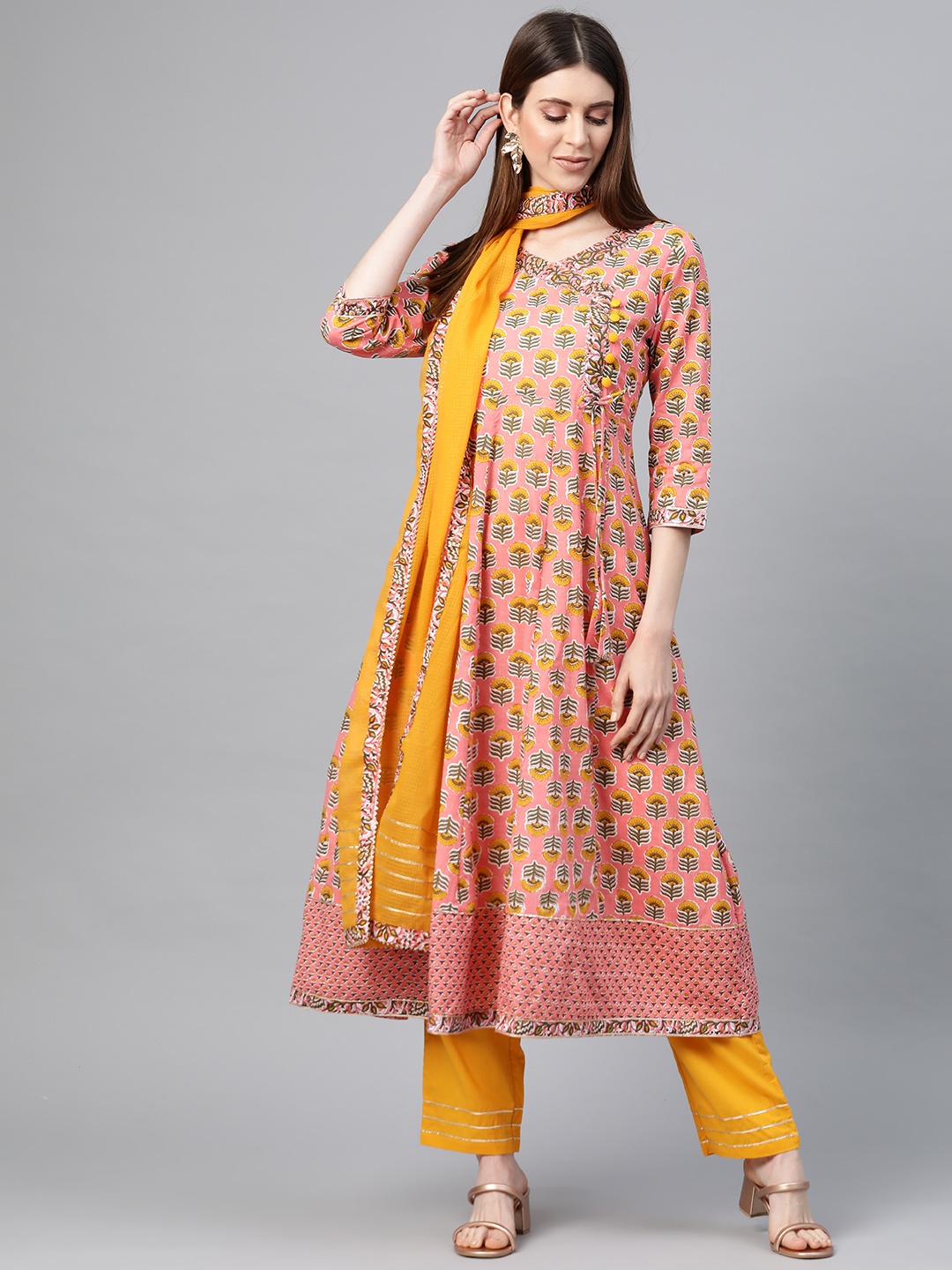

Yuris Women Coral Pink & Yellow Ethnic Motif Print Cotton Kurta with Trousers & Dupatta