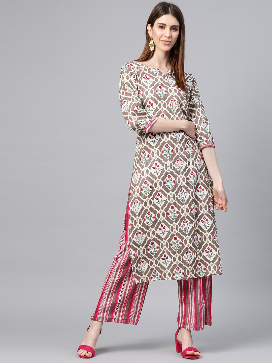 

Yuris Women Taupe & Pink Pure Cotton Printed Kurta with Palazzos