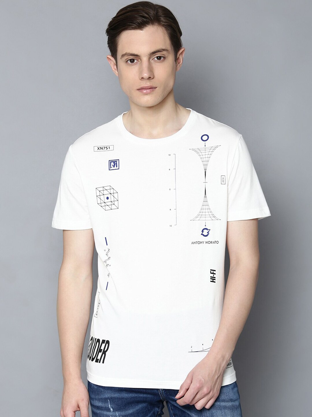 

Antony Morato Men Cream-Coloured Printed Round Neck T-shirt