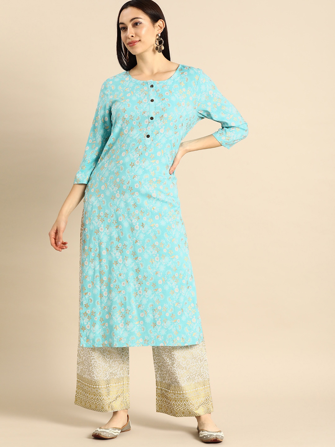 

Anouk Women Blue Printed Kurta with Palazzos