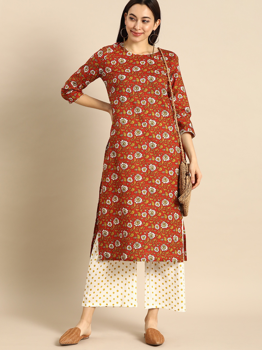 

Anouk Women Red & Off-White Printed Kurta with Palazzos