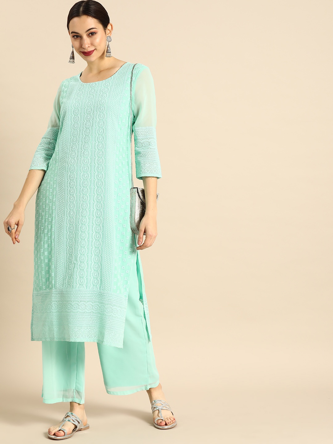 

Anouk Women Blue Chikankari Embroidered Kurta with Palazzos