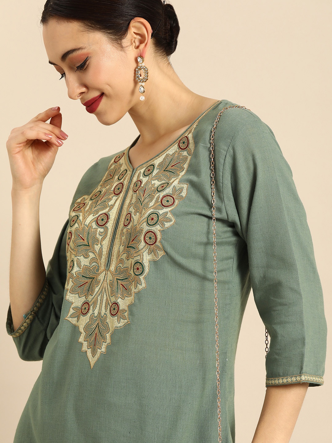 

Anouk Women Olive Green Yoke Embroidered Kurta with Palazzos