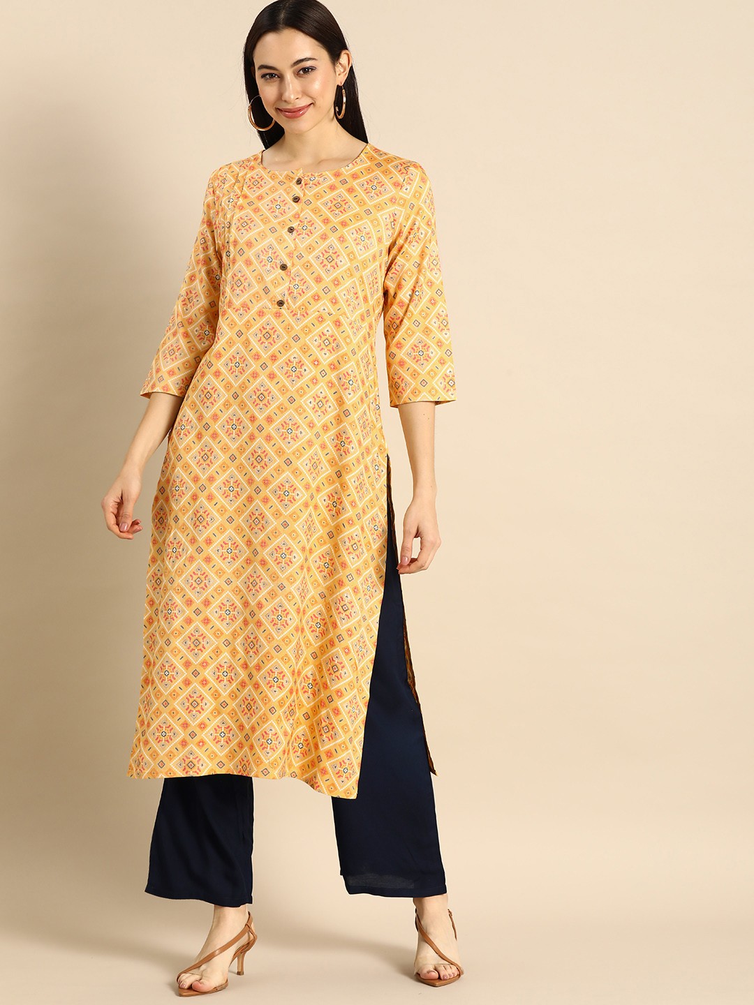 

Anouk Women Yellow & Navy Blue Printed Kurta with Palazzos