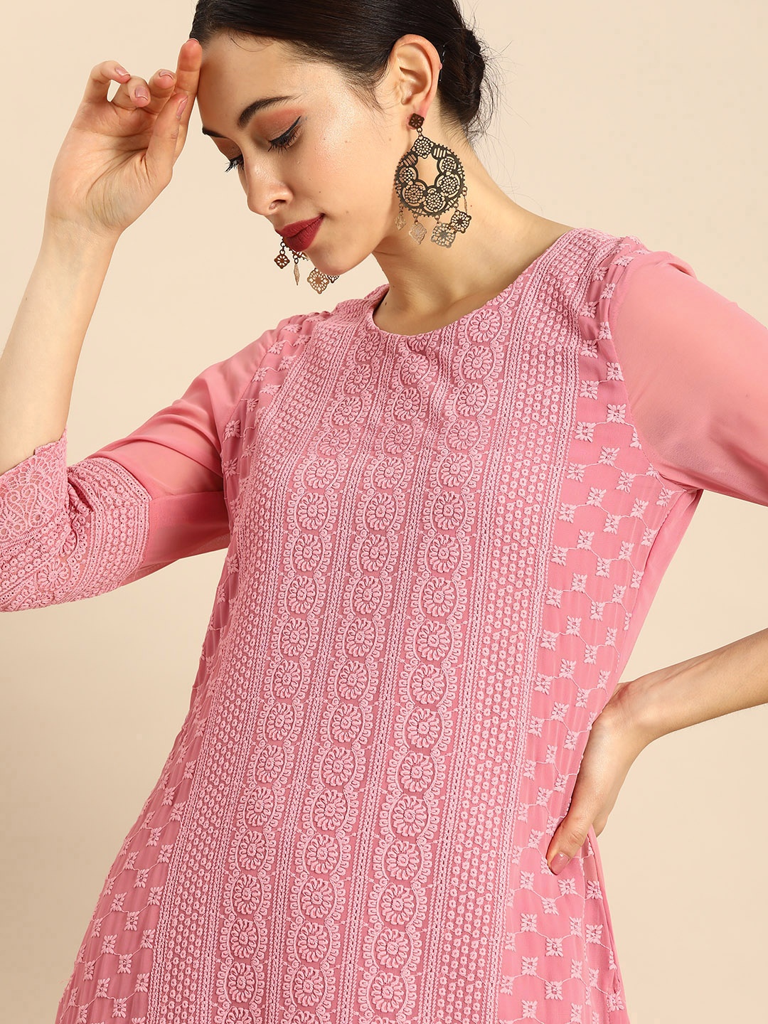 

Anouk Women Pink Chikankari Embroidered Kurta with Palazzos