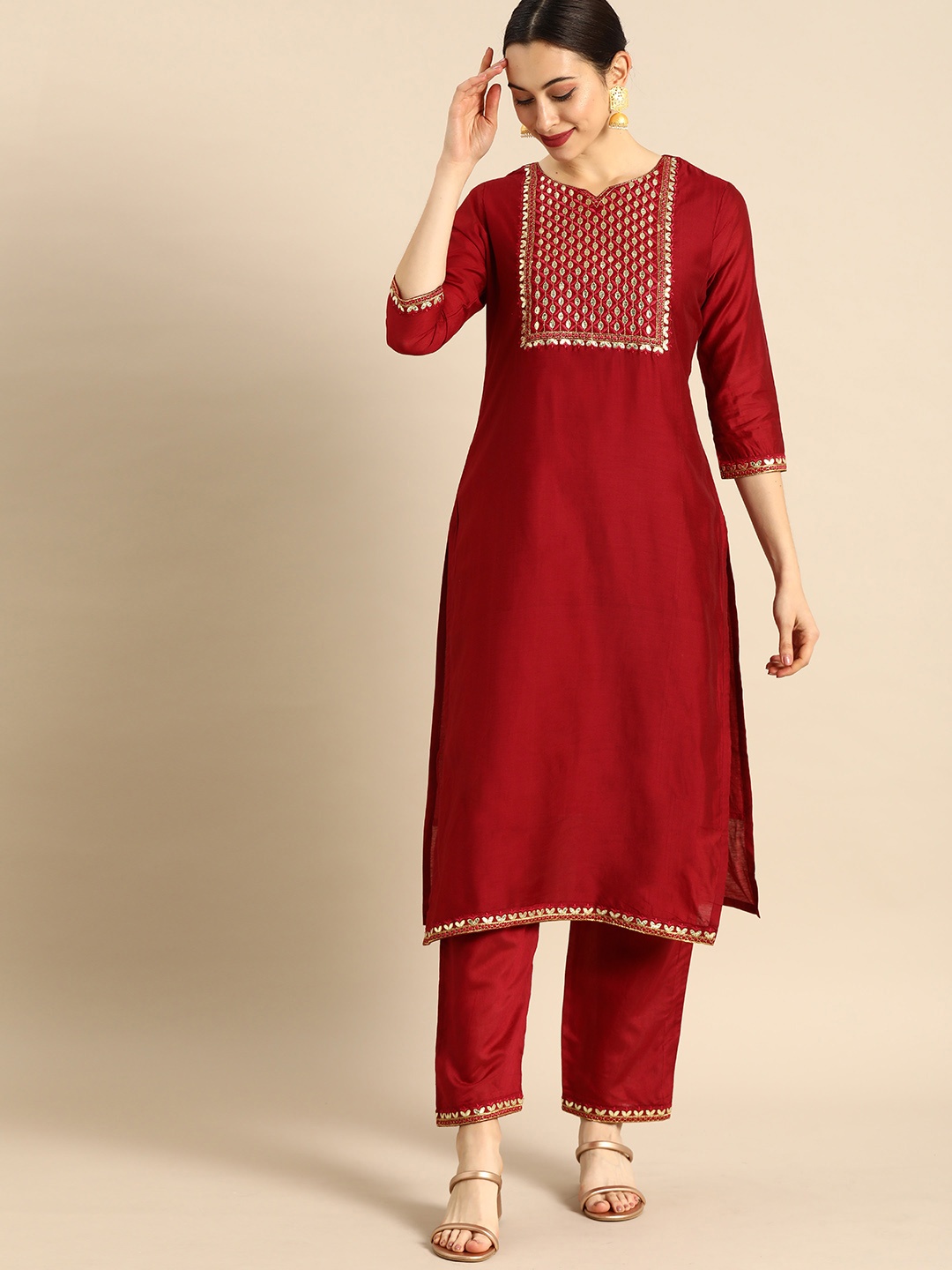 

Anouk Women Red Embroidered Kurta with Palazzos