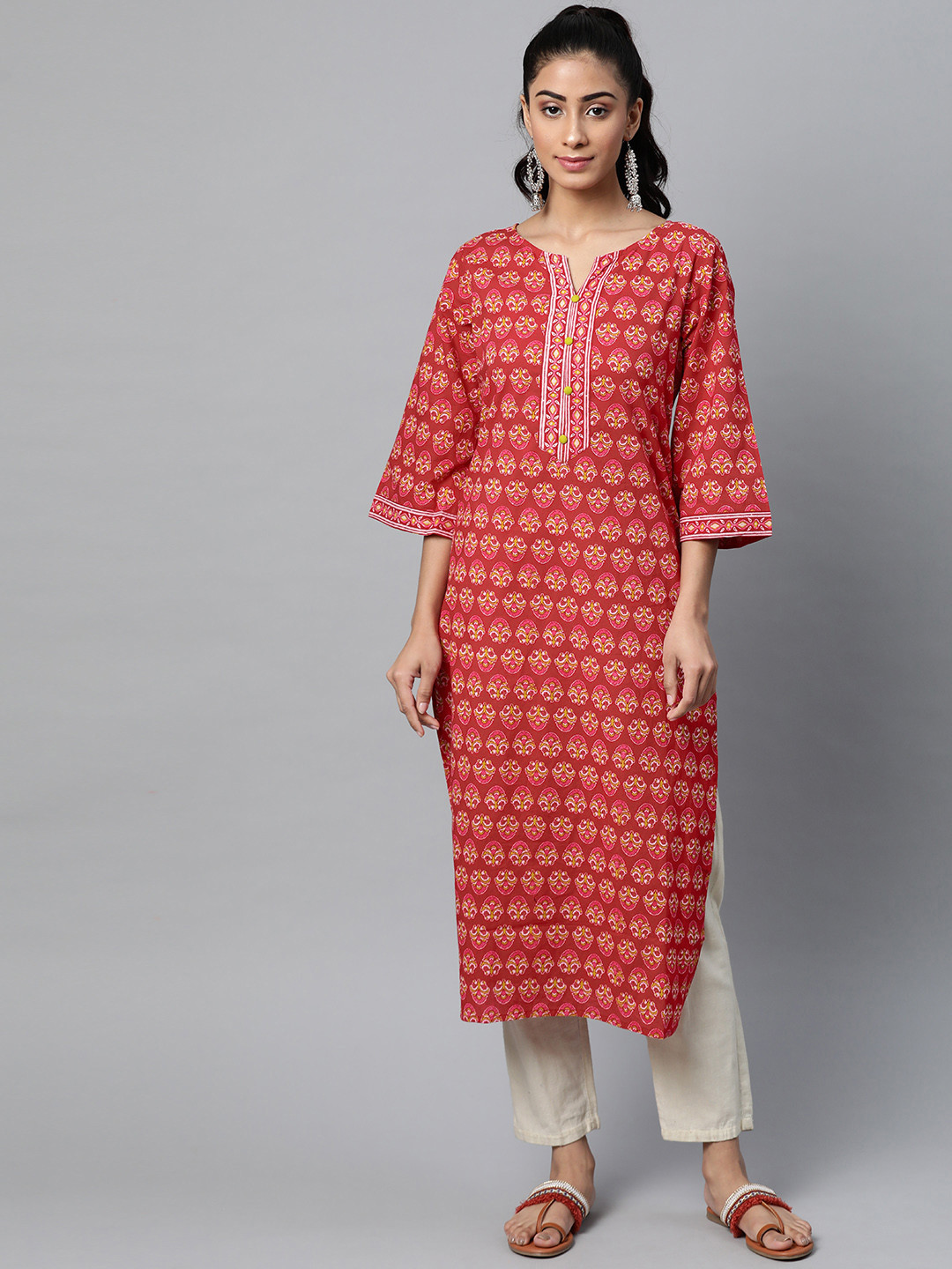 

Yuris Women Red & Pink Pure Cotton Ethnic Motifs Printed Floral Kurta