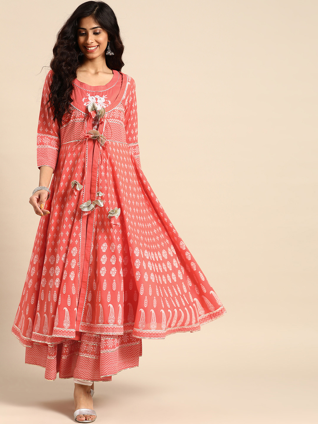 

Rangmayee Women Coral Red & White Embroidered A-Line Kurta with Printed Ethnic Jacket