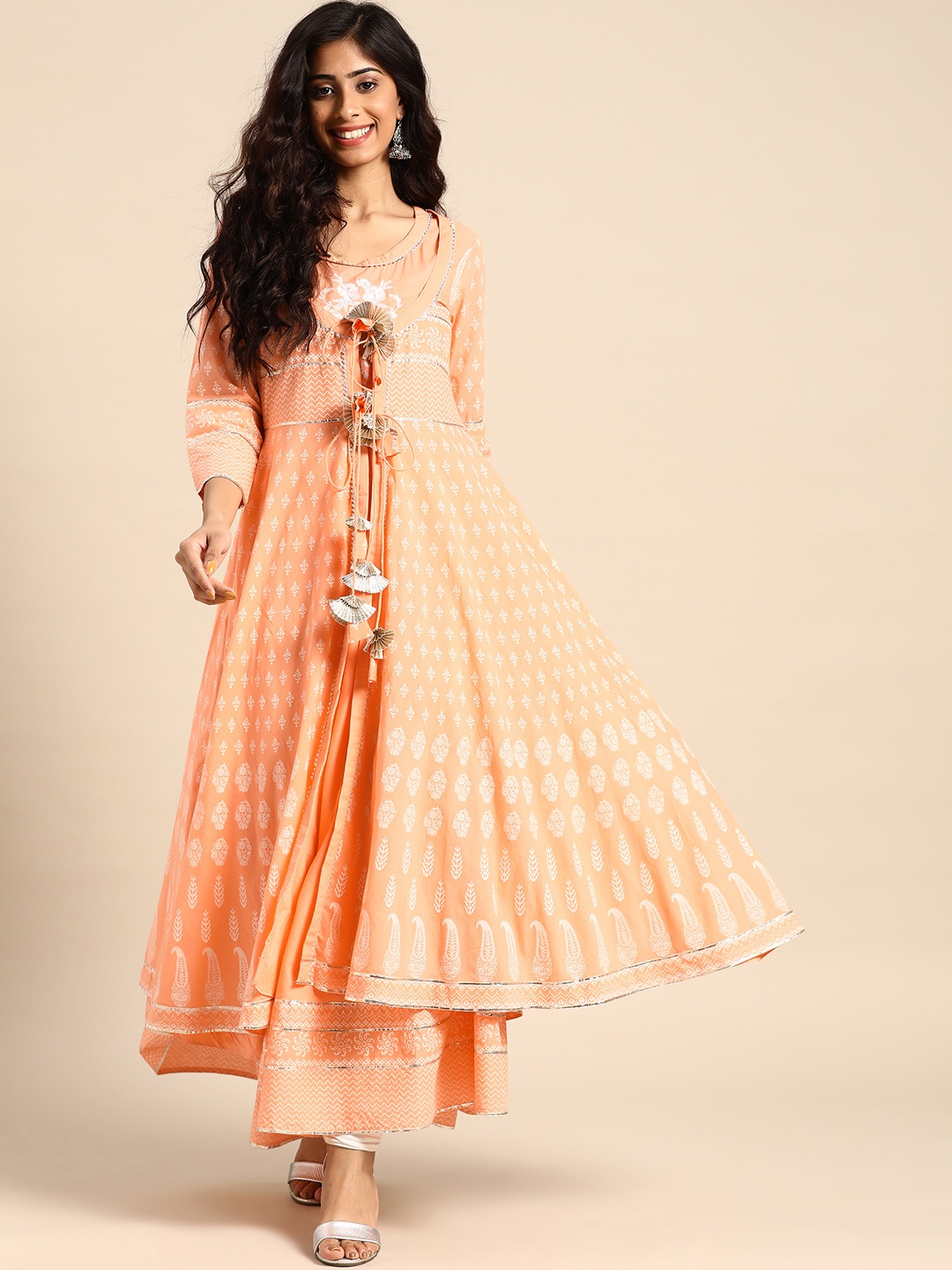 

Rangmayee Women Peach-Coloured Embroidered A-Line Kurta with Printed Ethnic Jacket