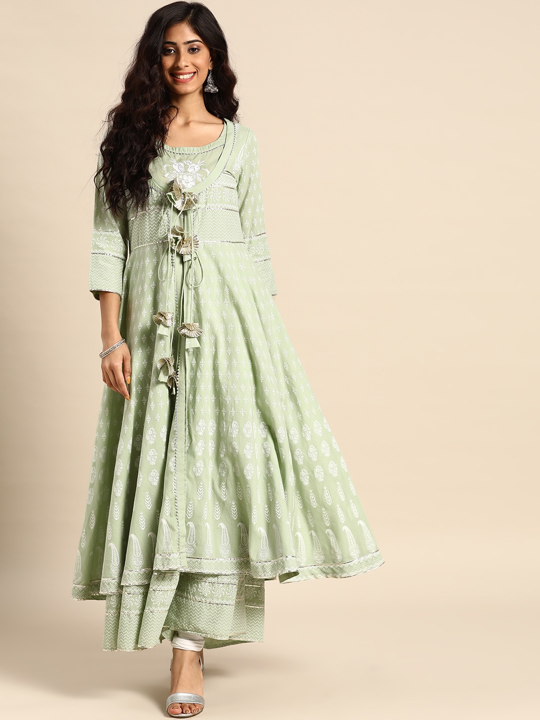 

Rangmayee Women Green & White Embroidered A-Line Kurta with Printed Ethnic Jacket