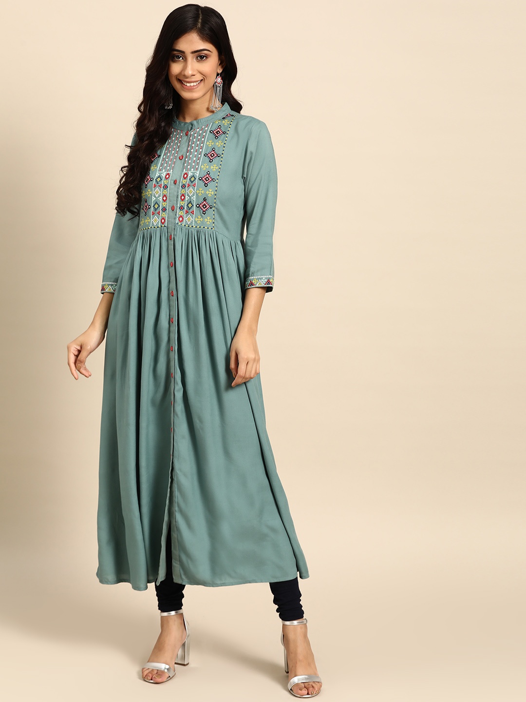 

Rangmayee Women Green Ethnic Motifs Yoke Design Thread Work A-Line Kurta