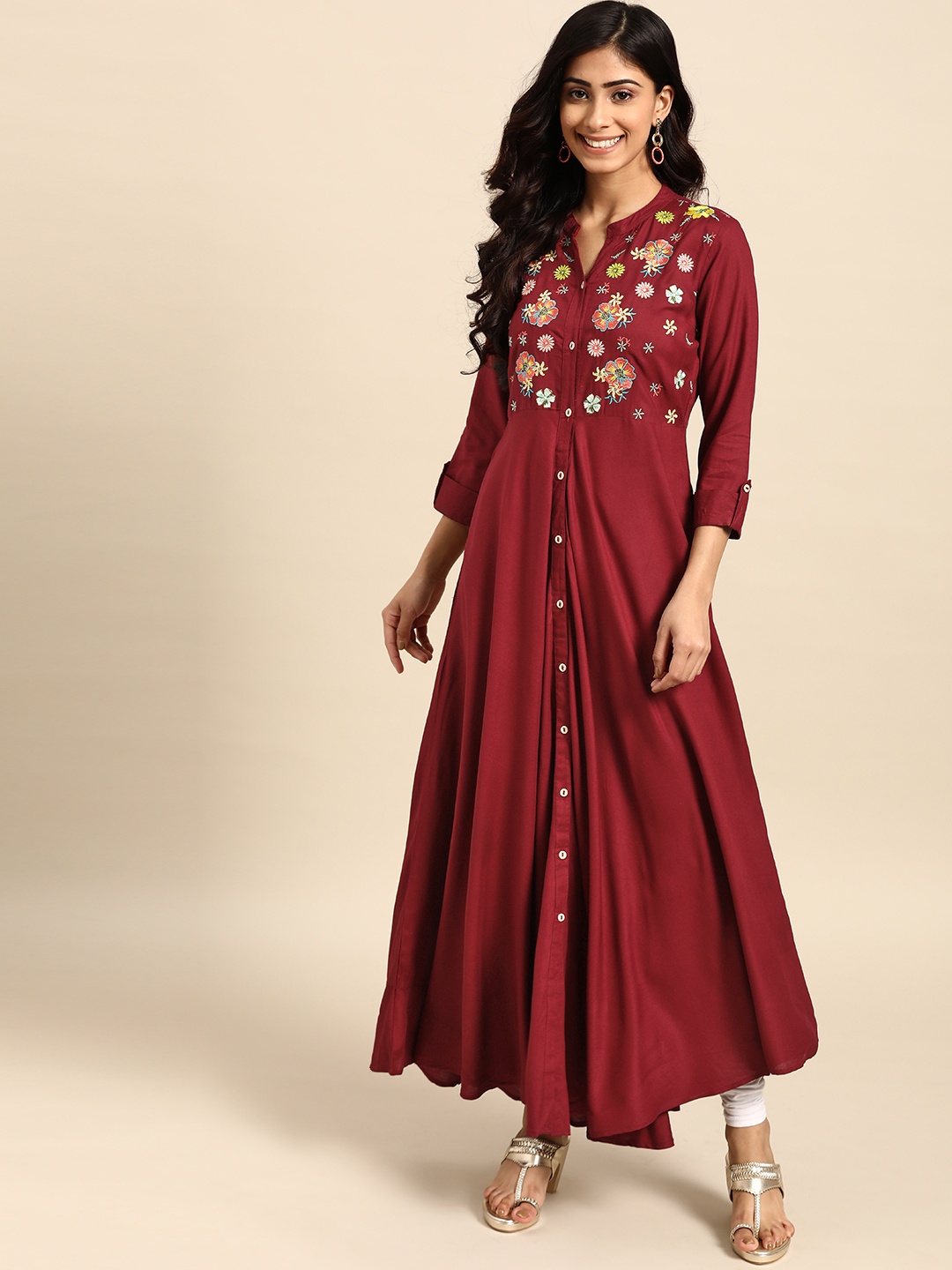 

Rangmayee Women Maroon & Yellow Floral Yoke Design Anarkali Kurta