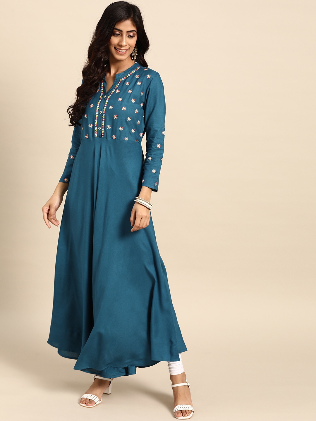 

Rangmayee Women Teal Blue Floral Yoke Design Thread Work Anarkali Kurta