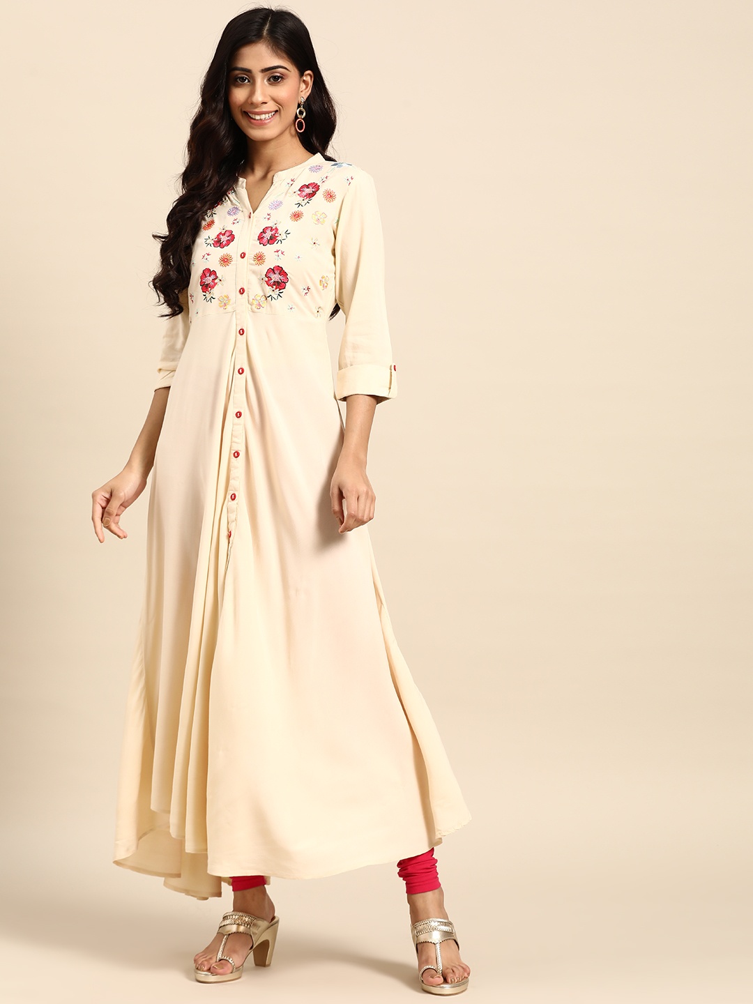 

RANGMAYEE Women Cream-coloured Floral Yoke Design A-Line Kurta