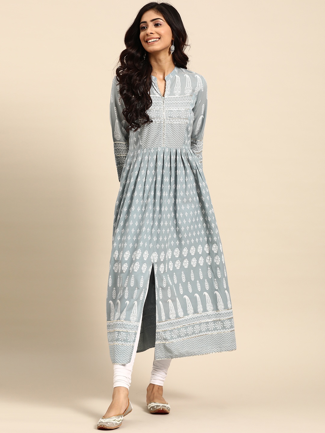 

Rangmayee Women Grey Ethnic Motifs Print Gotta Patti Anarkali Kurta