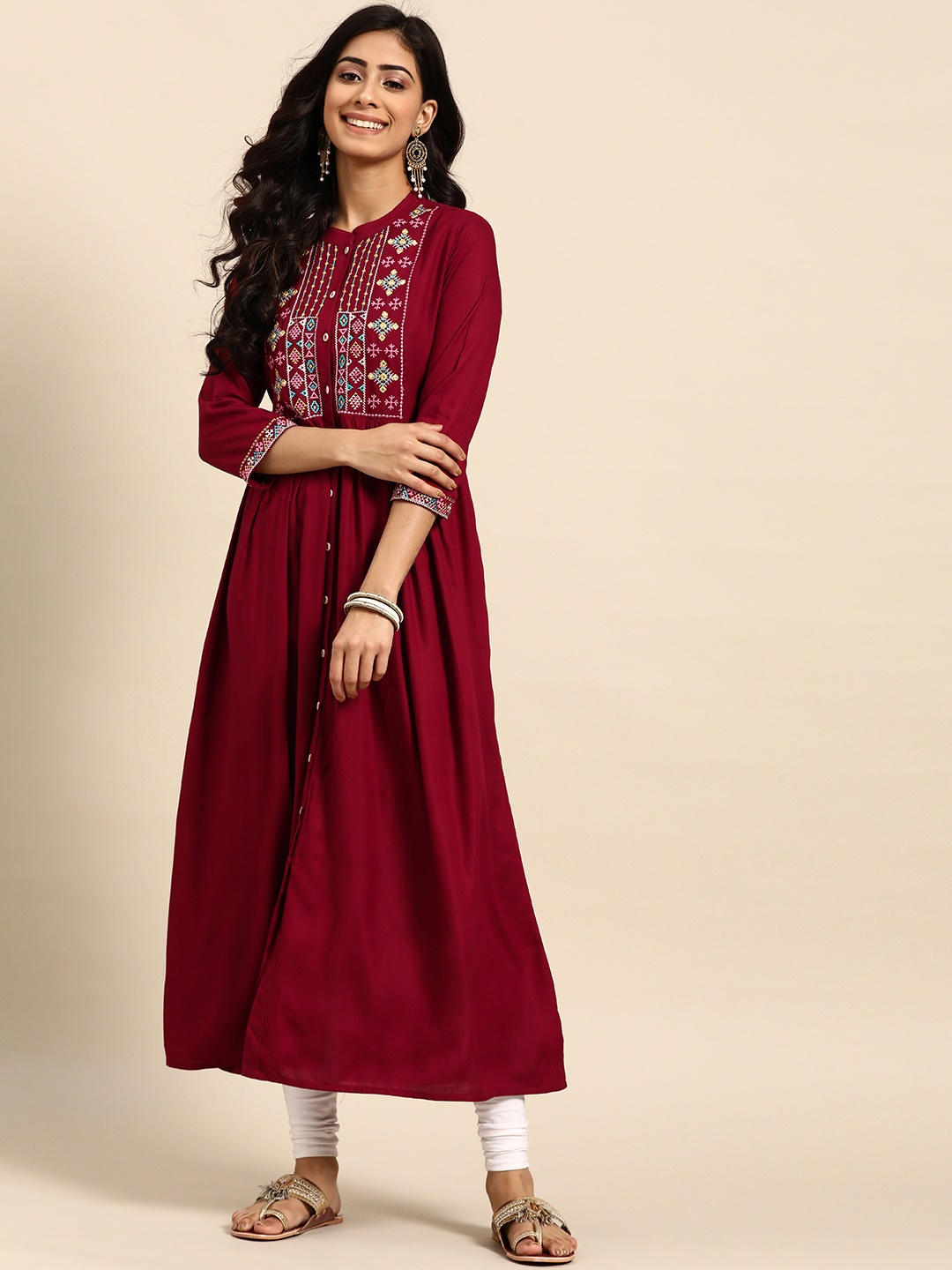 

Rangmayee Women Maroon Ethnic Motifs Yoke Design Thread Work Indigo Anarkali Kurta