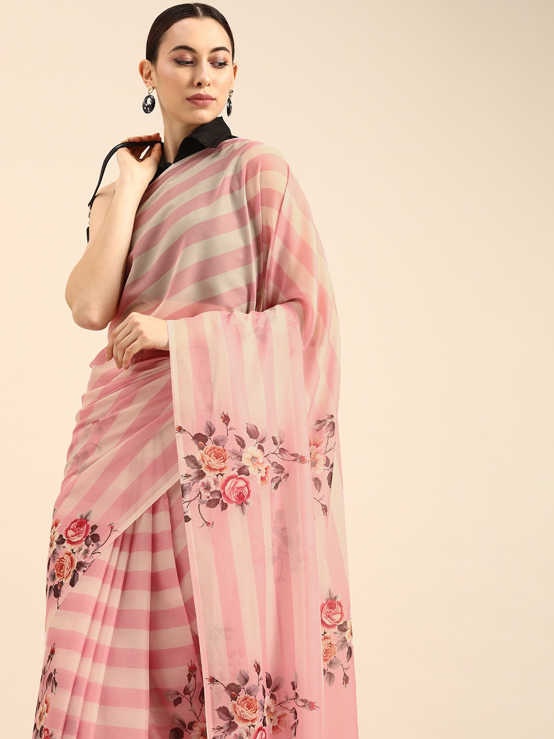 

Anouk Pink & Off-White Pure Chiffon Striped Saree
